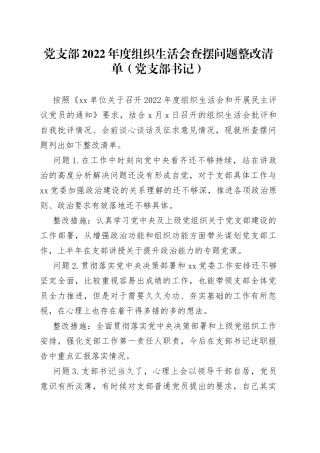 党支部2022年度组织生活会查摆问题整改清单（党支部书记）