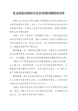 党支部党员组织生活会查摆问题整改清单