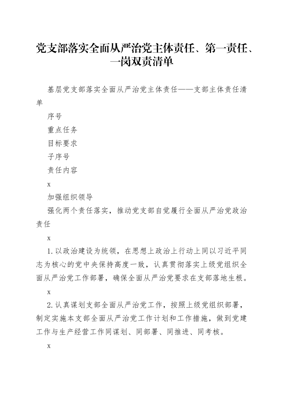 党支部落实全面从严治党主体责任、第一责任、一岗双责清单_第1页