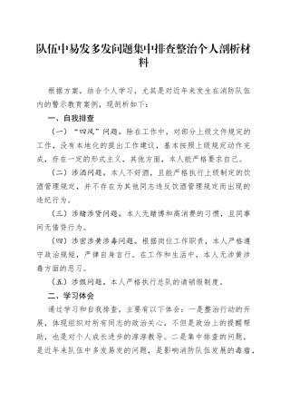 队伍中易发多发问题集中排查整治个人剖析材料