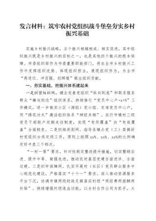 发言材料：筑牢农村党组织战斗堡垒 夯实乡村振兴基础
