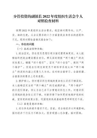 分管投资工作的副镇长2022年度组织生活会个人对照检查材料