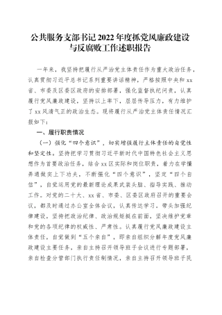 公共服务支部书记2022年度抓党风廉政建设与反腐败工作述职报告