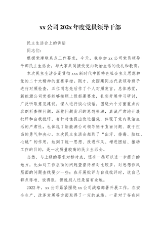 公司202X年度党员领导干部民主生活会上的讲话