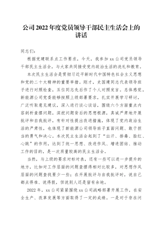 公司2022年度党员领导干部民主生活会上的讲话(1)