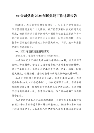 公司党委202X年抓党建工作述职报告