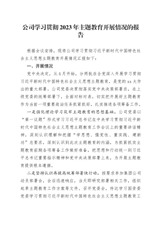 公司学习贯彻2023年主题教育开展情况的报告