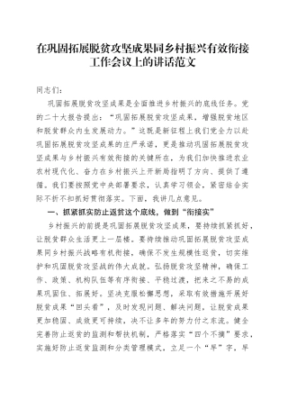 巩固拓展脱贫攻坚成果同乡村振兴有效衔接工作会议讲话