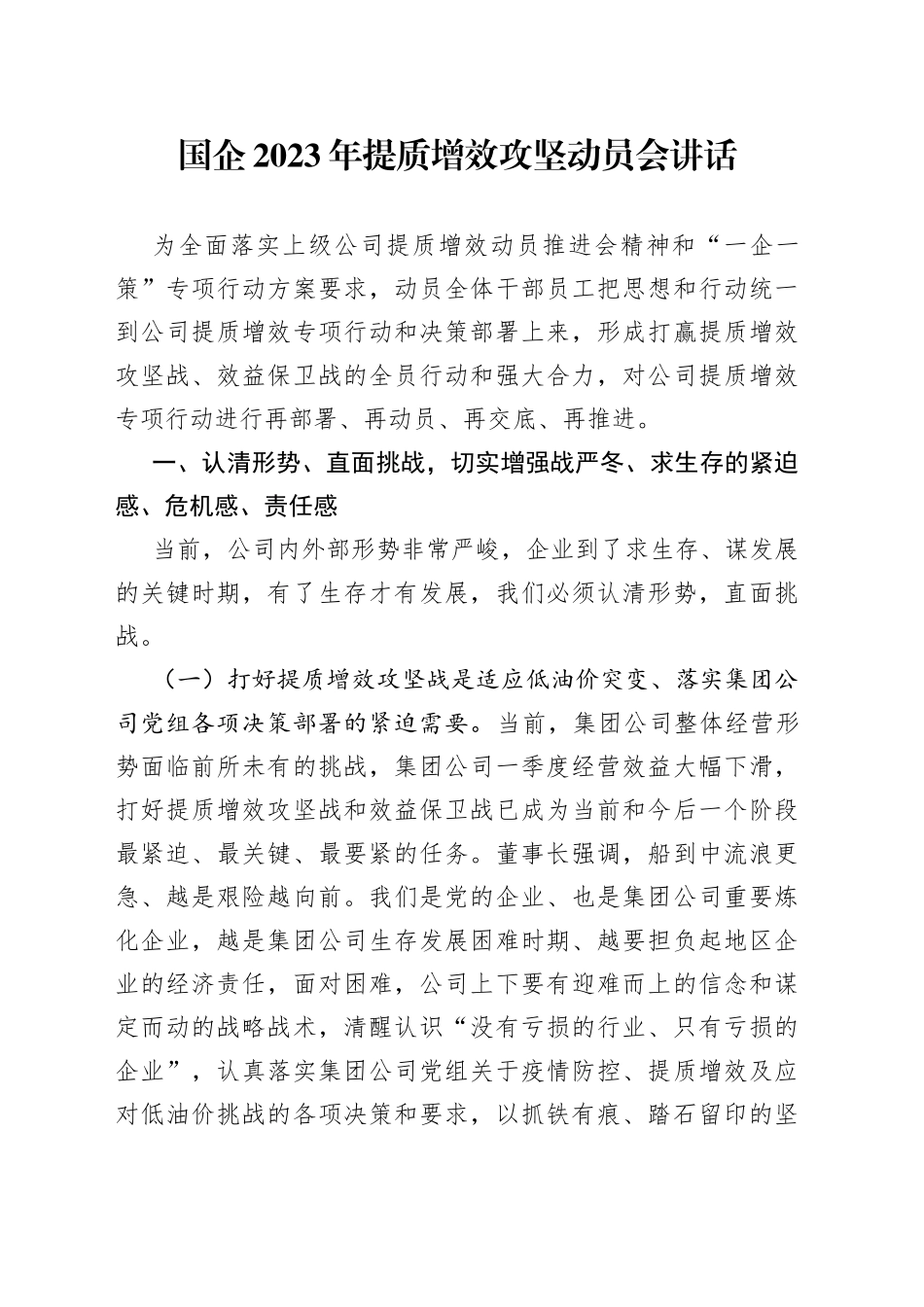 国企2023年提质增效攻坚动员会讲话_第1页