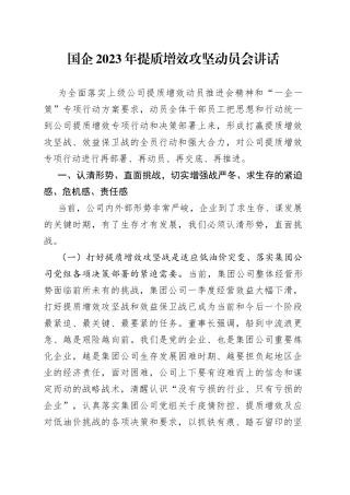 国企2023年提质增效攻坚动员会讲话