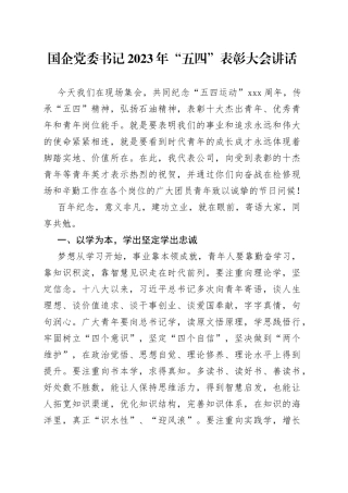 国企党委书记2023年“五四”表彰大会讲话