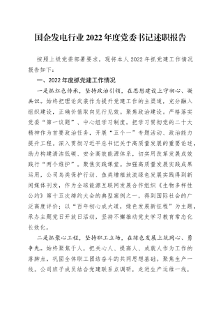 国企发电行业2022年度党委书记述职报告