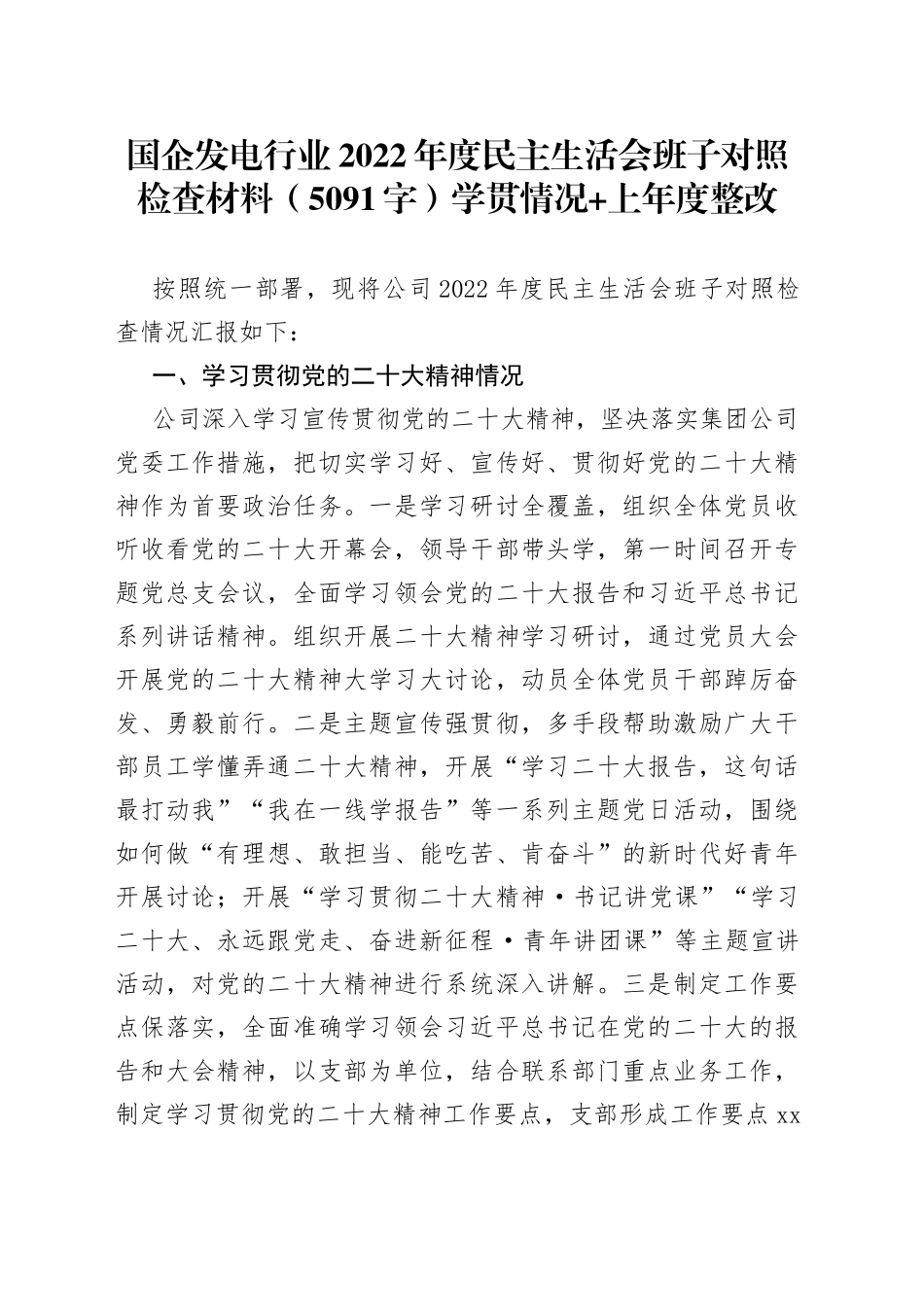 国企发电行业2022年度民主生活会班子对照检查材料_第1页
