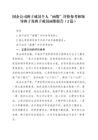 国企公司班子成员个人“画像”评价参考和领导班子及班子成员画像报告（2篇）