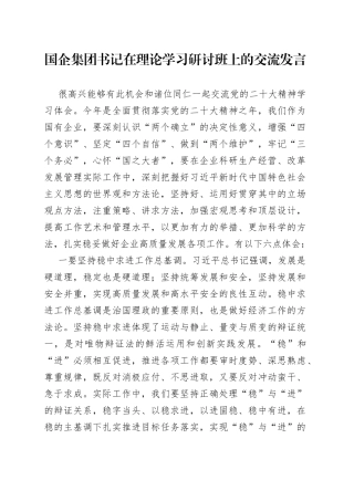 国企集团书记在理论学习研讨班上的交流发言