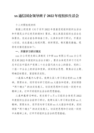 国企领导班子2022年度组织生活会个人对照检视材料