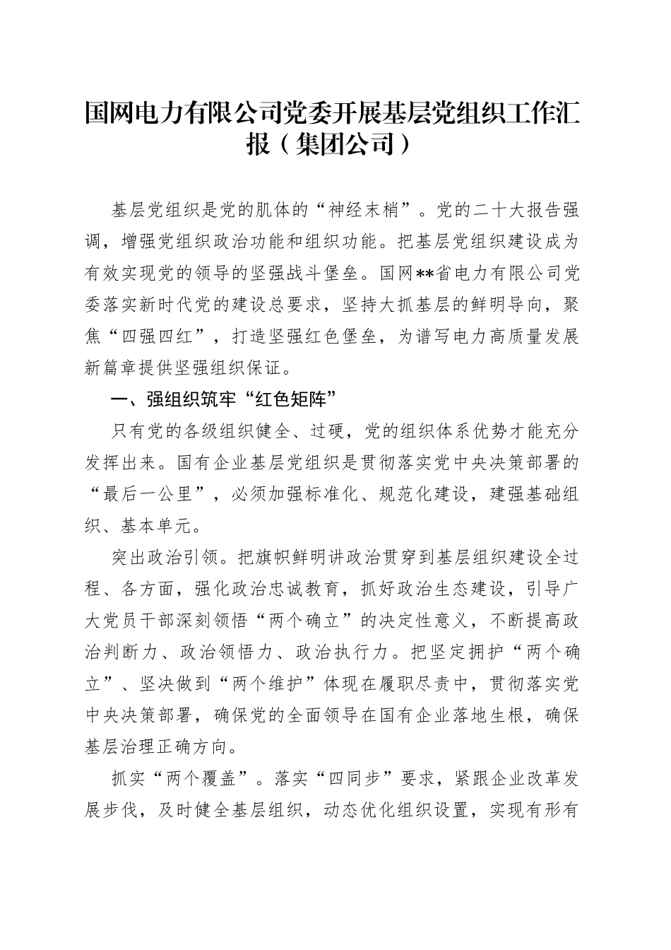 国网电力有限公司党委开展基层党组织工作汇报（集团公司）_第1页