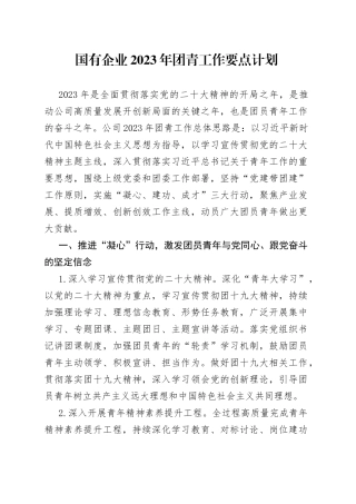 国有企业2023年团青工作要点计划