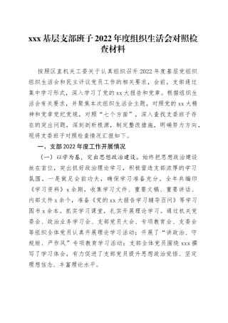 基层支部班子2022年度组织生活会对照检查材料