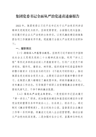 集团党委书记全面从严治党述责述廉报告
