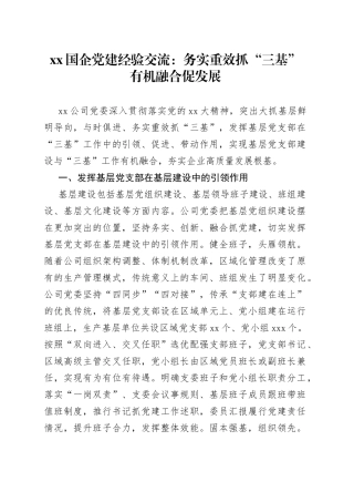 XX国企党建经验交流：务实重效抓“三基”有机融合促发展