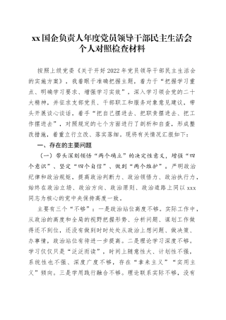 XX国企负责人年度党员领导干部民主生活会个人对照检查材料