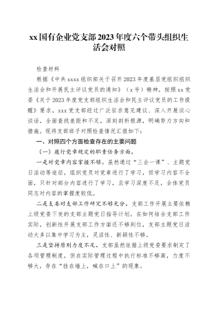 XX国有企业党支部2023年度六个带头组织生活会对照检查材料
