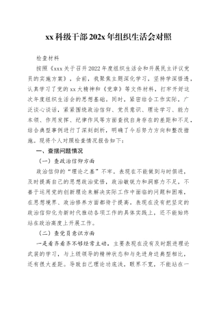 XX科级干部202X年组织生活会对照检查材料