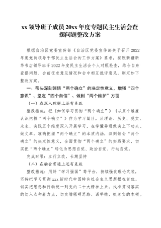 XX领导班子成员20XX年度专题民主生活会查摆问题整改方案