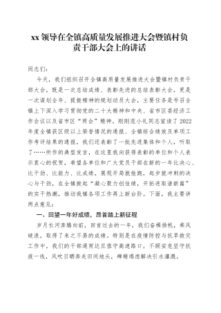 XX领导在全镇高质量发展推进大会暨镇村负责干部大会上的讲话