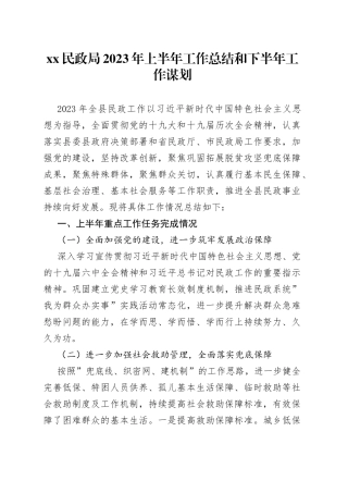 xx民政局2023年上半年工作总结和下半年工作谋划