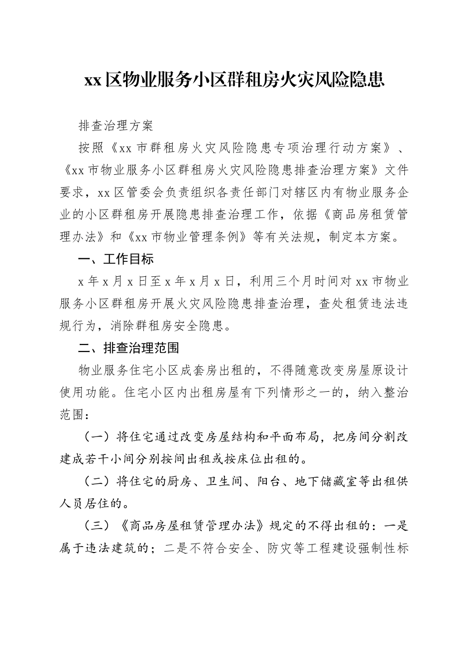 xx区物业服务小区群租房火灾风险隐患排查治理方案_第1页