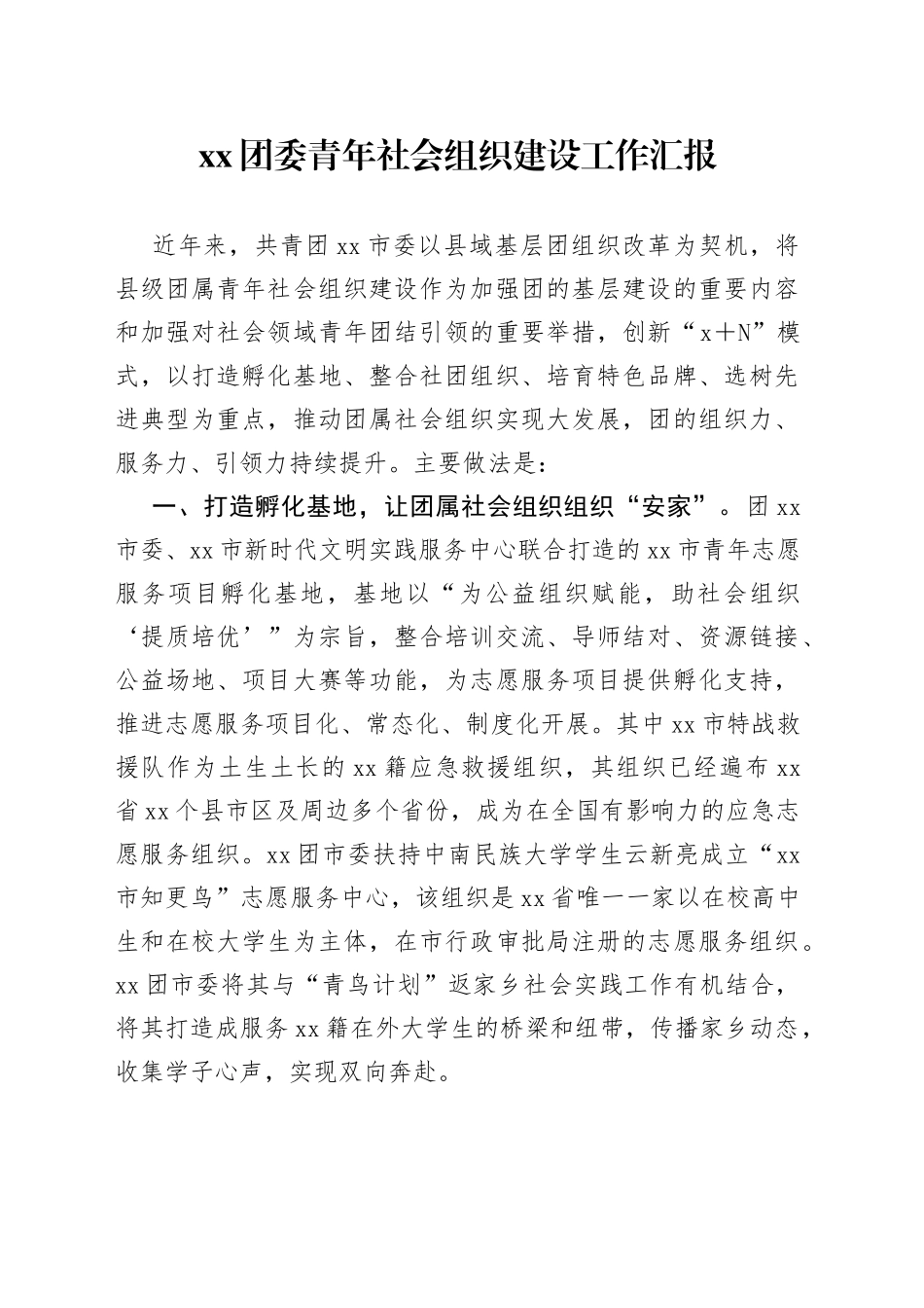 XX团委青年社会组织建设工作汇报_第1页