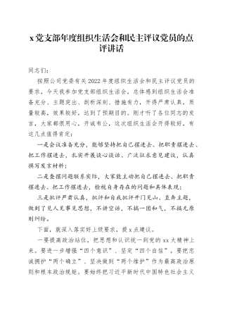 X党支部年度组织生活会和民主评议党员的点评讲话