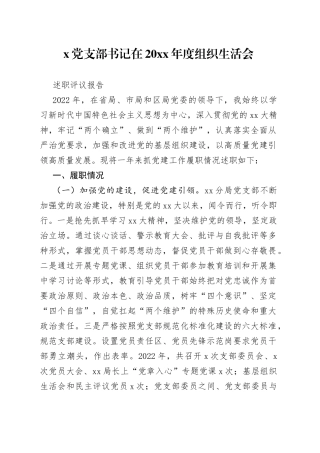X党支部书记在20XX年度组织生活会述职评议报告