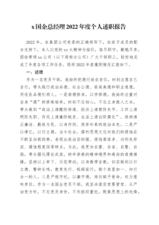 X国企总经理2022年度个人述职报告