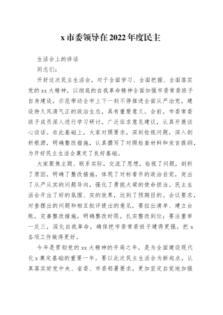 X市委领导在2022年度民主生活会上的讲话