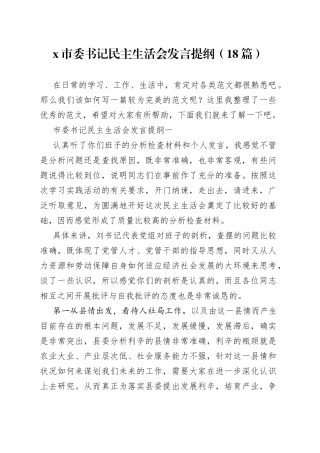 X市委书记民主生活会发言提纲（18篇）
