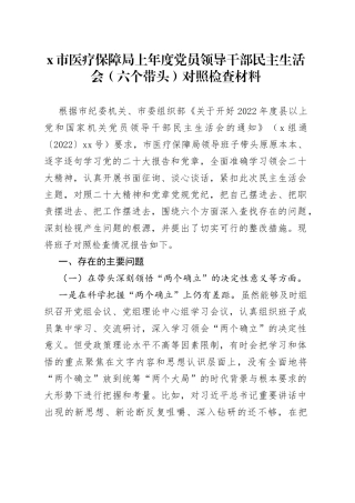 X市医疗保障局上年度党员领导干部民主生活会（六个带头）对照检查材料
