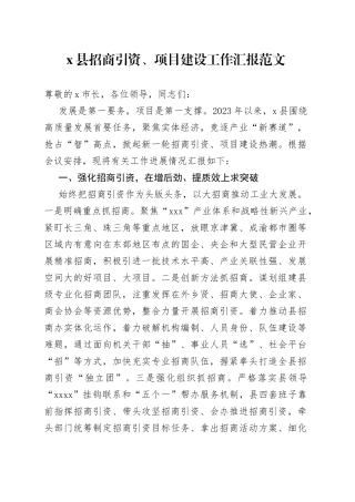 x县招商引资、项目建设工作汇报（总结报告）
