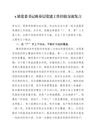 X镇党委书记抓基层党建工作经验交流发言