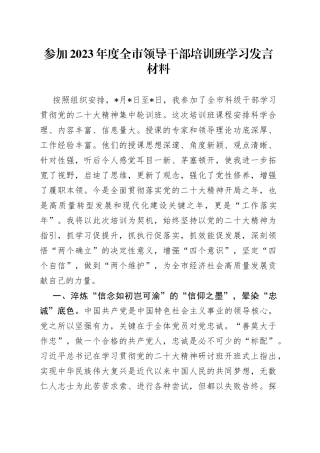 参加2023年度全市领导干部培训班学习发言材料