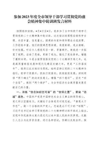 参加2023年度全市领导干部学习贯彻党的二十大精神集中轮训班发言材料