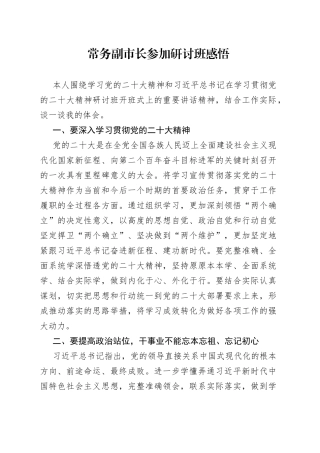 常务副市长参加研讨班感悟