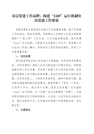 基层党建工作品牌：构建“1245”运行机制突出党建工作质效