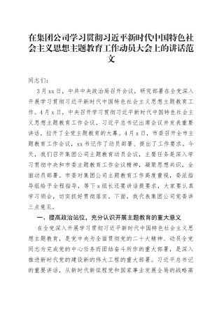 集团公司习近平新时代中国特色社会主义思想主题教育工作动员部署大会讲话企业会议