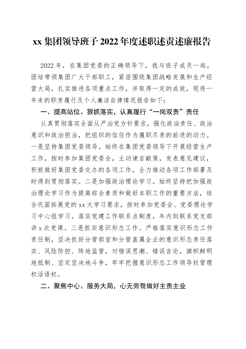 集团领导班子2022年度述职述责述廉报告_第1页
