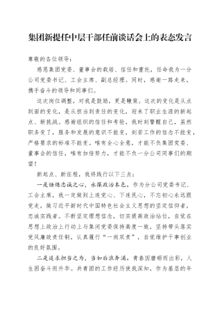 集团新提任中层干部任前谈话会上的表态发言
