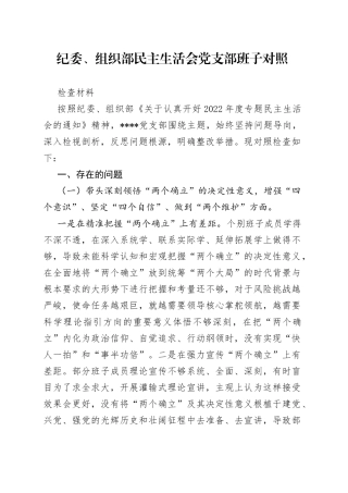 纪委、组织部民主生活会党支部班子对照检查材料