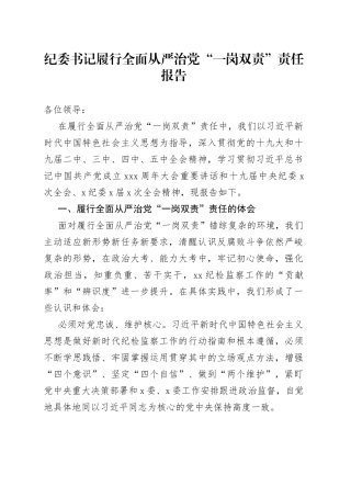 纪委书记履行全面从严治党“一岗双责”责任报告
